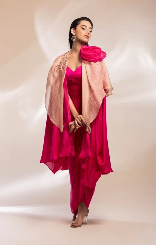 Fuschia cape with drape dress